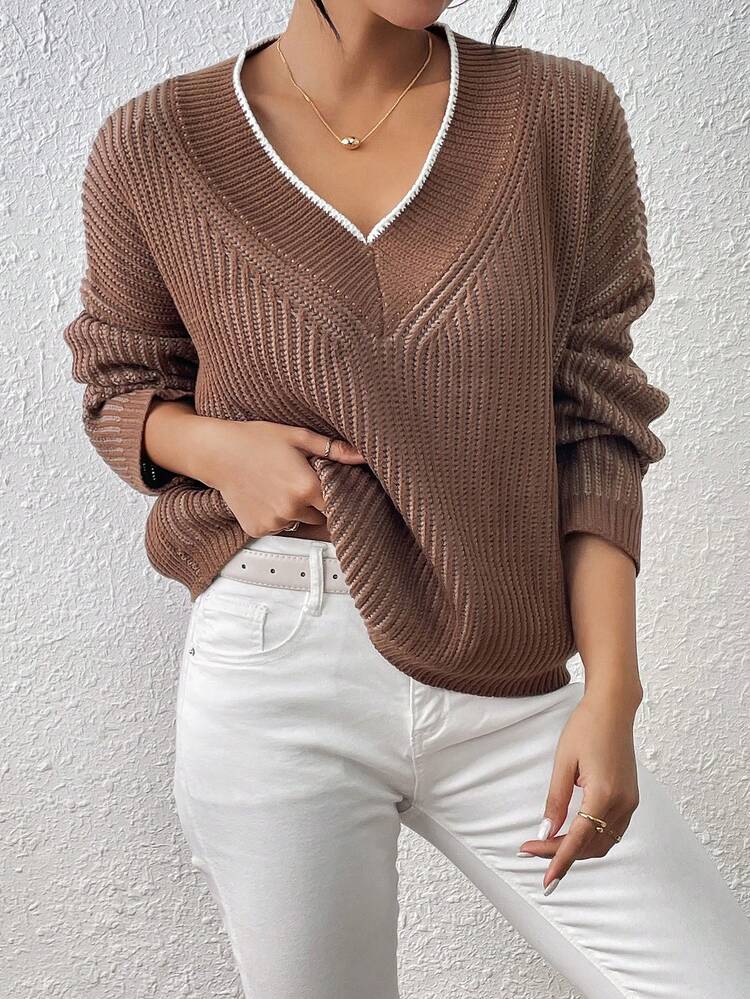 Women's Simple Contrast Trim Long Sleeve V-Neck Pullover Sweater, Knit Pullover Fall Winter