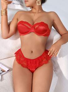 SHEIN Spliced Lace Tube Top Bra Set, Lingerie - Red - View 1
