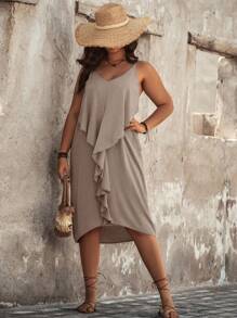 SHEIN Clasi Plus Size Women's Sleeveless Ruffled Hem Sundress - Khaki - View 4