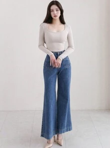 Wynsel 女性傾斜腿牛仔褲,雙口袋設計 - 藍色 - 查看 4