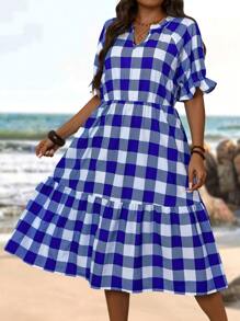 EMERY ROSE 大尺碼女士藍白格紋割裂領口荷葉邊連身裙,帶有褶邊,適用於夏季 - 藍白色 - 查看 3