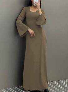 女士休闲圆领修身长喇叭袖后系带优雅日常街头秋冬长款连衣裙