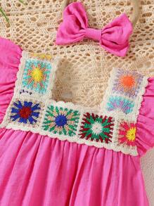 Baby Girl Simple & Cute Summer New Style Knitted Cap Sleeve Dress - Hot Pink - View 5