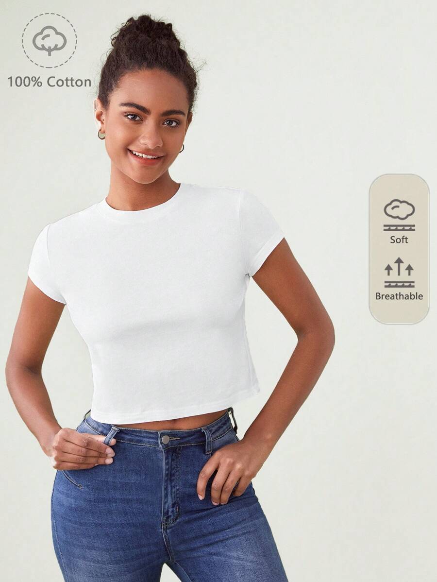 SHEIN BASICS Cap Sleeve Solid Tee For Summer - White - View 1