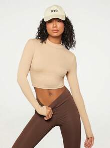 SHEIN BASICS Ribbed Knit Crop Tee - Apricot - View 1