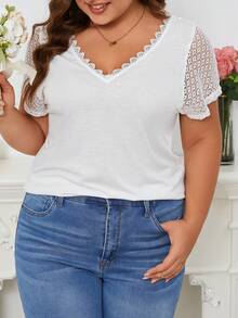 SHEIN Frenchy Kích thước lớn Lễ cưới Mùa Màu thuần Ren Vá lại Áo thun - trắng - Xem 2