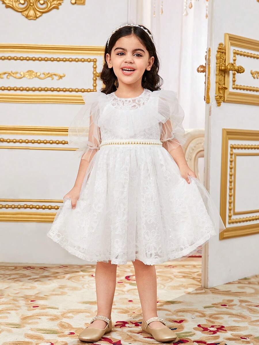 SHEIN Young Girls' Gorgeous Mesh Round Neck Sheer Ruffle Hem Puff Sleeve Dress - White - View 1