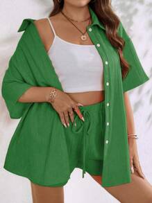 SHEIN LUNE 大尺碼單色襯衫和短褲套裝 - 綠色 - 查看 5
