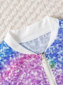Baby Girl Sparkly Printed Short Sleeve Baseball Collar Jacket Top, Cami And Shorts 3pcs/Set