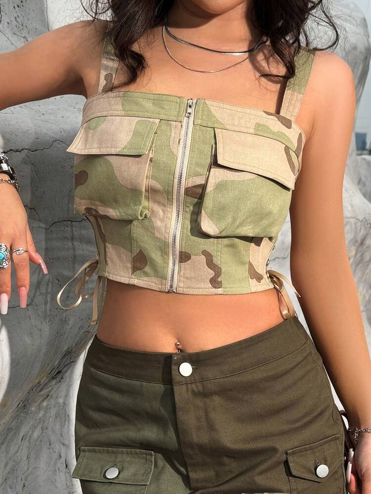 Women's Fashionable Cool Camouflage Print Crop Top With Pocket