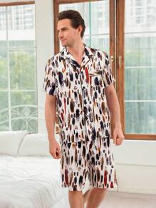 Men's Feather Pattern Printed Short Sleeve And Shorts Homewear Set - Black and White - View 3
