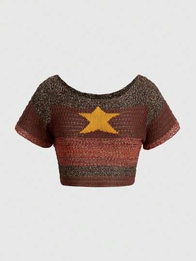 Fairycore Gothique Vintage Coupe Courte Tricotée À Blocs De Couleur Avec Motif Étoilé