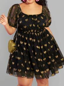 SHEIN CURVE+ 大碼心型設計網紗裙,帶金箔印花和收腰設計 - 金色 - 查看 1