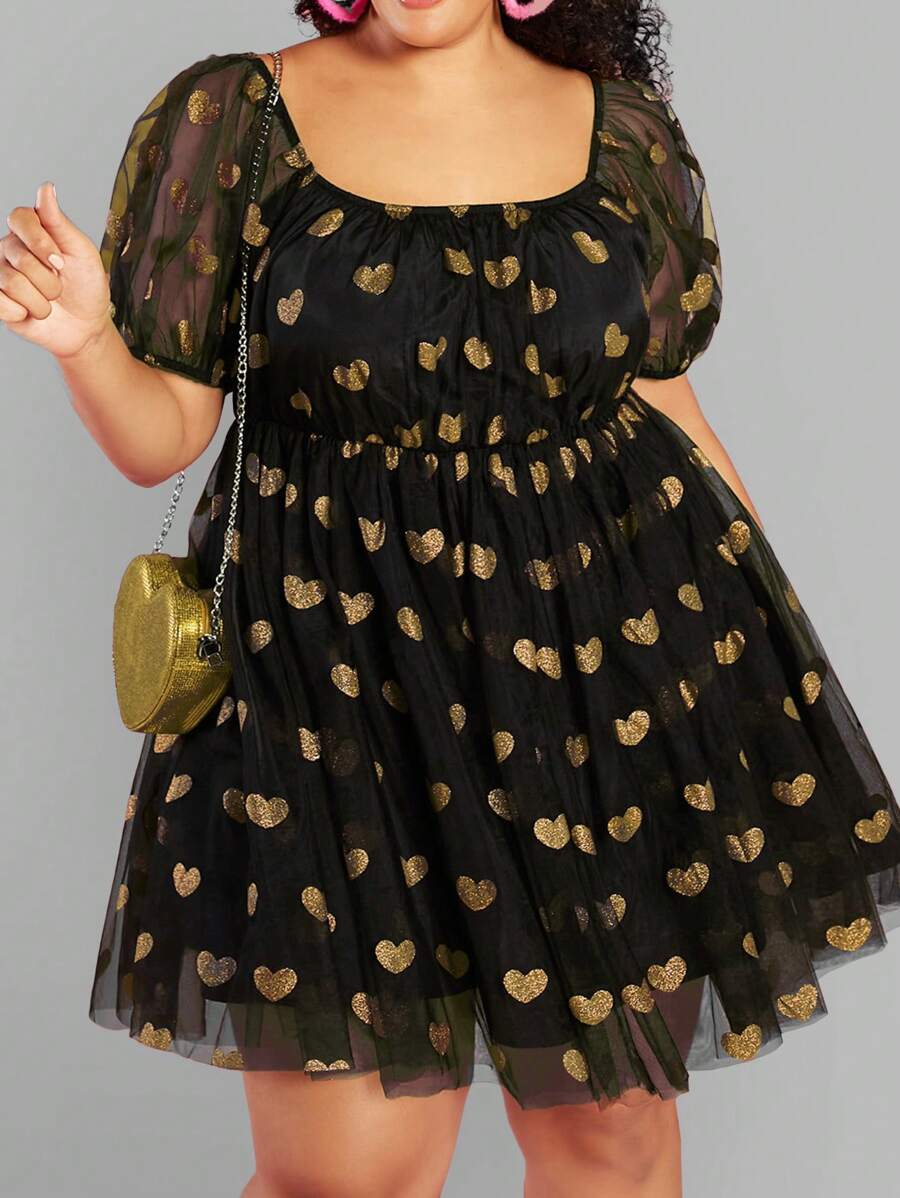 SHEIN CURVE+ 大碼心型設計網紗裙,帶金箔印花和收腰設計 - 金色 - 查看 1