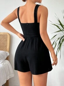 SHEIN EZwear Women's Solid Color Sleeveless Romper - Black - View 2