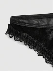 ROMWE Goth 女性哥德風格毛絨和蕾絲月亮項鍊bralette套裝,黑色 - 黑色 - 查看 3