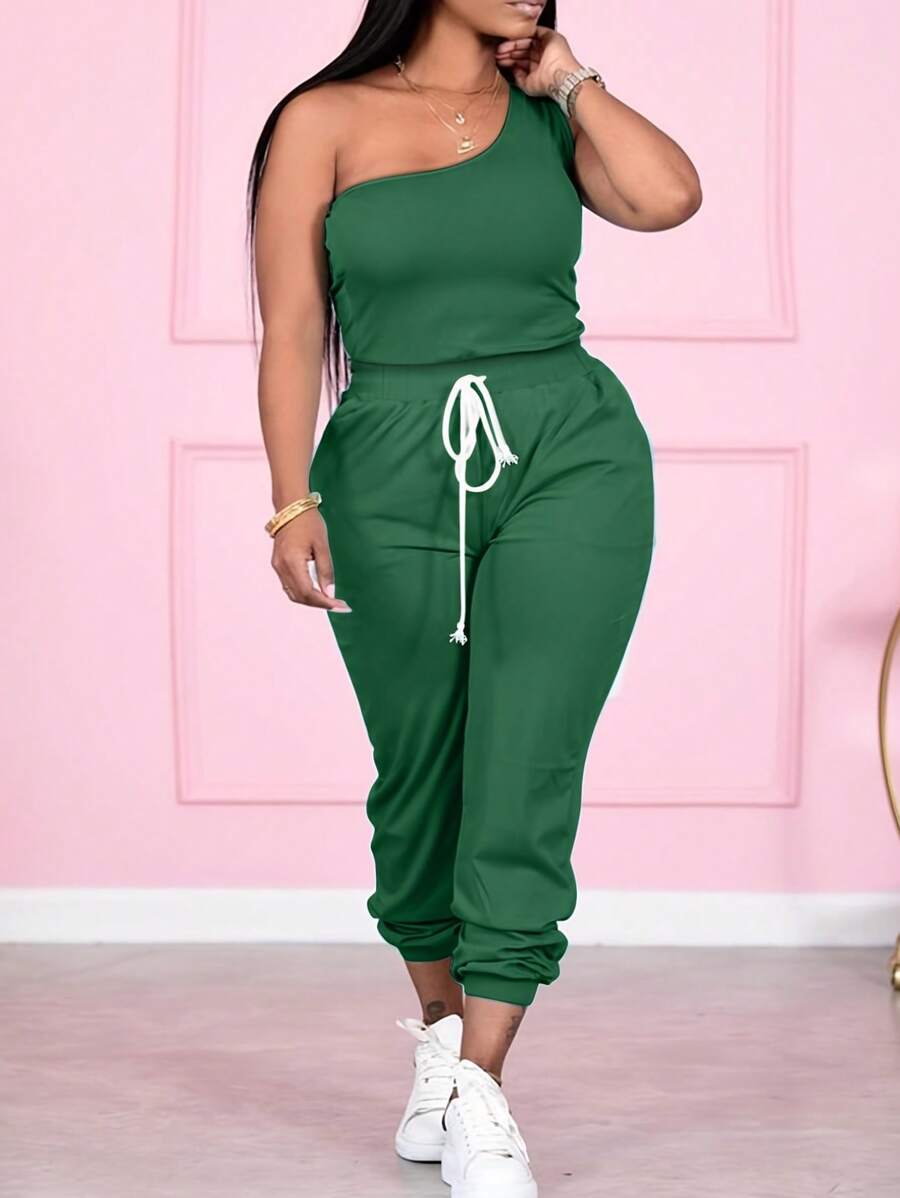 SHEIN Slayr Plus Size Plain One Shoulder Top And Drawstring Waist Long Pants Two Pieces Set
