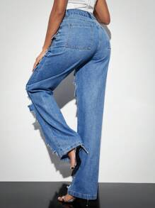 SHEIN BAE Vaqueros De Pernera Recta Con Rotos Y Agujeros