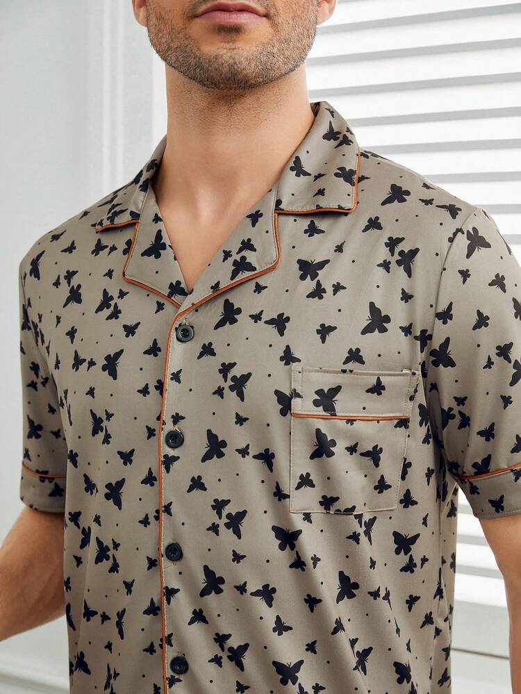 Men's Butterfly Print Short Sleeve Top And Shorts Homewear Set