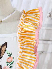 SHEIN Young Girls' Cute And Playful Rabbit Printed Ruffled A-Line Dress With Ruffle Trim For Spring And Summer - Yellow - View 4