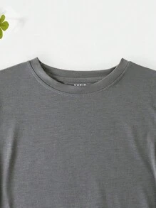 INAWLY Solid Color Round Neck Loose Short Sleeve T-Shirt - Grey - View 4