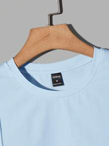 Manfinity BRENVOR 男士纯色圆领针织短袖T恤，夏季 - 淺藍色 - 查看 3