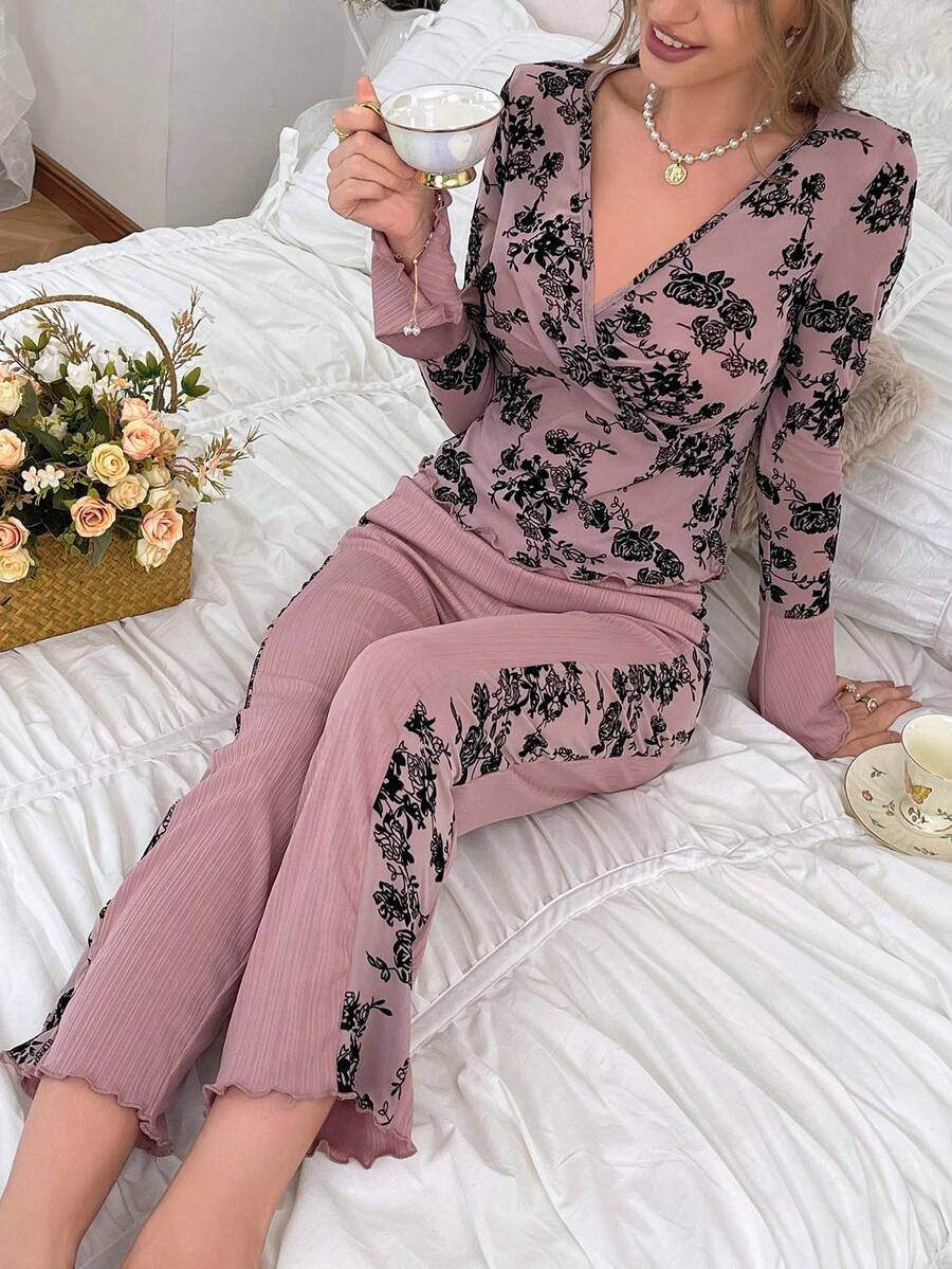 Floral Patchwork Print Comfortable Pajamas Set - Dusty Pink - View 1