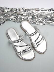 Women's Rhinestone Slide Sandals, Sparkle Casual Flat Open Toe Slippers - Silver - View 3