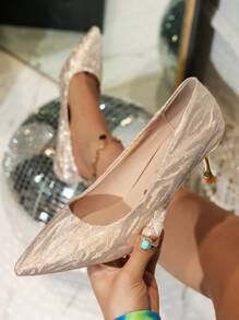 女士簡約香檳色細高跟鞋，多用途派對鞋、新娘鞋、中跟淑女鞋 - 香檳色 - 查看 1