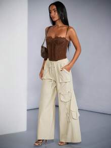 SHEIN BAE Solid Color Apricot Elastic Waist Cargo Style Wide Leg Pants With 3D Pockets, Low Waist, Perfect As Summer Bottoms, Summer Pants Fashion