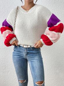 Chiquease Suéter casual holgado de cuello redondo en bloques de color, jersey de punto para otoño e invierno - Multicolor - Ver 6