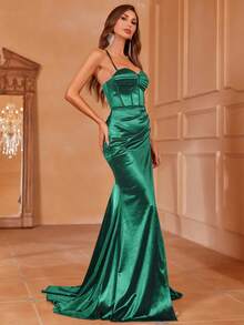 Faeriesty Ruched Bust Open Back Tie-Up High Slit Satin Slip Dress - Dark Green - View 7