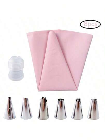 8Pcs Silicone Icing Piping Bag Set, Pastry Piping Bags Sets, Reusable Cream Pastry Bag And 6 Stainless Steel Nozzles, DIY Cake Decorating Supplies Kit(6Pcs Nozzle+1pc Pastry Bag+1pc White Converter)