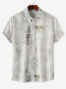 Camisa De Manga Corta Para Hombre Con Estampado De Retales Y Flores