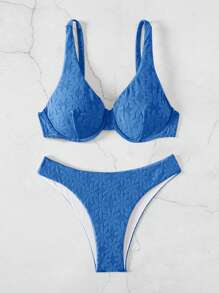 Swim Mod Floral Embossed V-Neck Vest And Triangle Bikini Set Bottom Set, Underwire Bikini Set Bathing Suit Beach Outfit Summer Vacation,Summer Beach - Royal Blue - View 3
