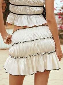 Soleia Leisure Beach Vacation Low-Rise Color Blocking Pleated Skirt - Beige - View 3