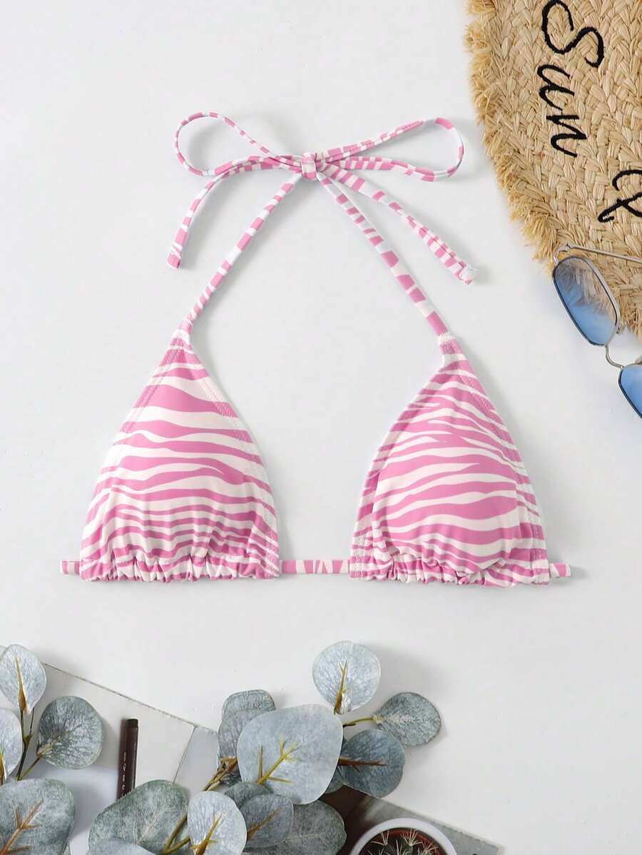 SHEIN Swim Zebra Stripe Print Halter Neck Bikini Top For Swimming, Vacation, Summer Beach - Pink - View 1