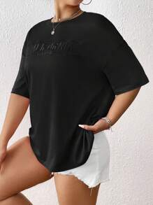 SHEIN EZwear Kích thước lớn Màu thuần Thêu Chữ Thả vai Áo thun - màu đen - Xem 3