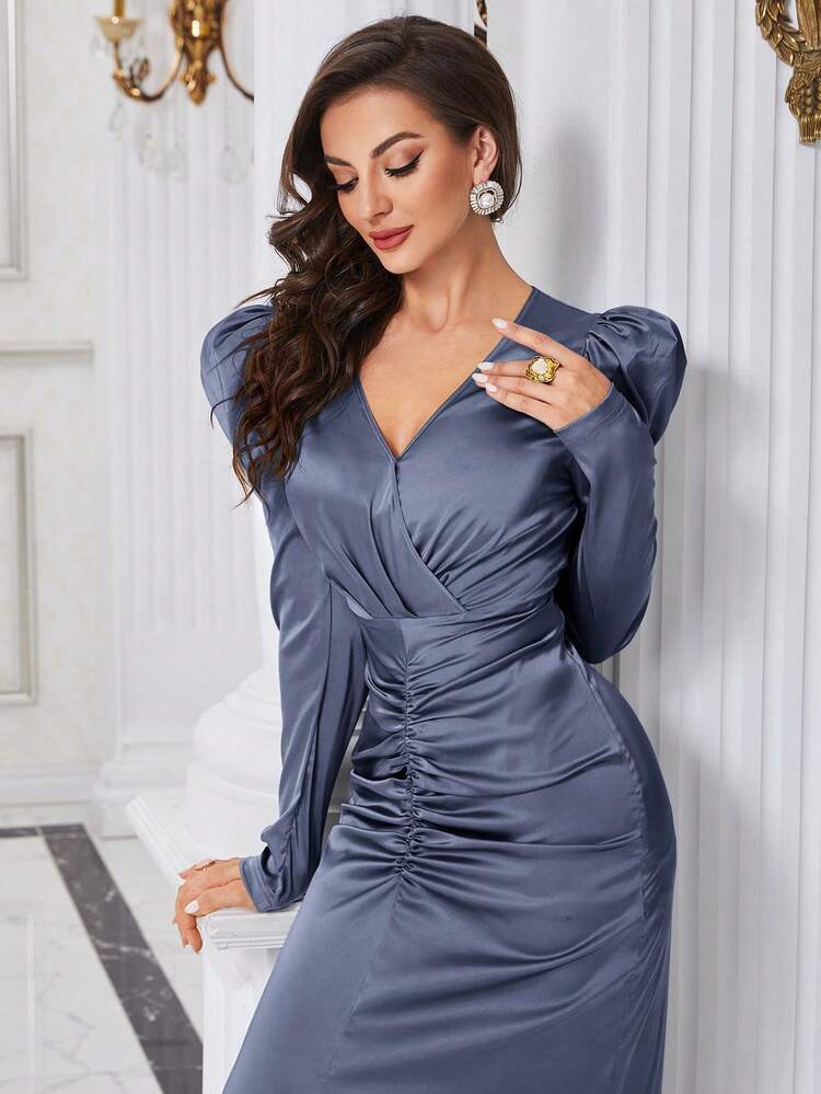 Women's Leg Of Gigot Sleeve Pleated Dress Long Evening Dresses