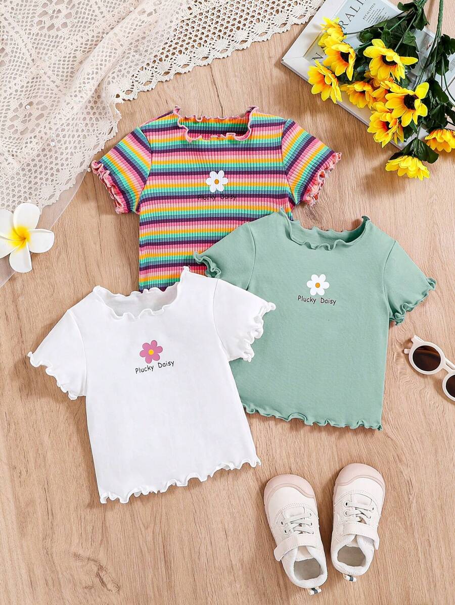 SHEIN 嬰兒女寶寶3入組夏季休閒套裝,彩色條紋印花和花卉圖案短袖上衣 - 綠色 - 查看 1