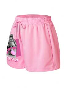 SHEIN EZwear 女性加大碼寬鬆粉色雕塑印花短褲 - 粉色 - 查看 3