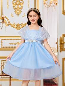 SHEIN Tween Girls' Gorgeous Fabric Patchwork 3d Flower Dress - Blue - View 2