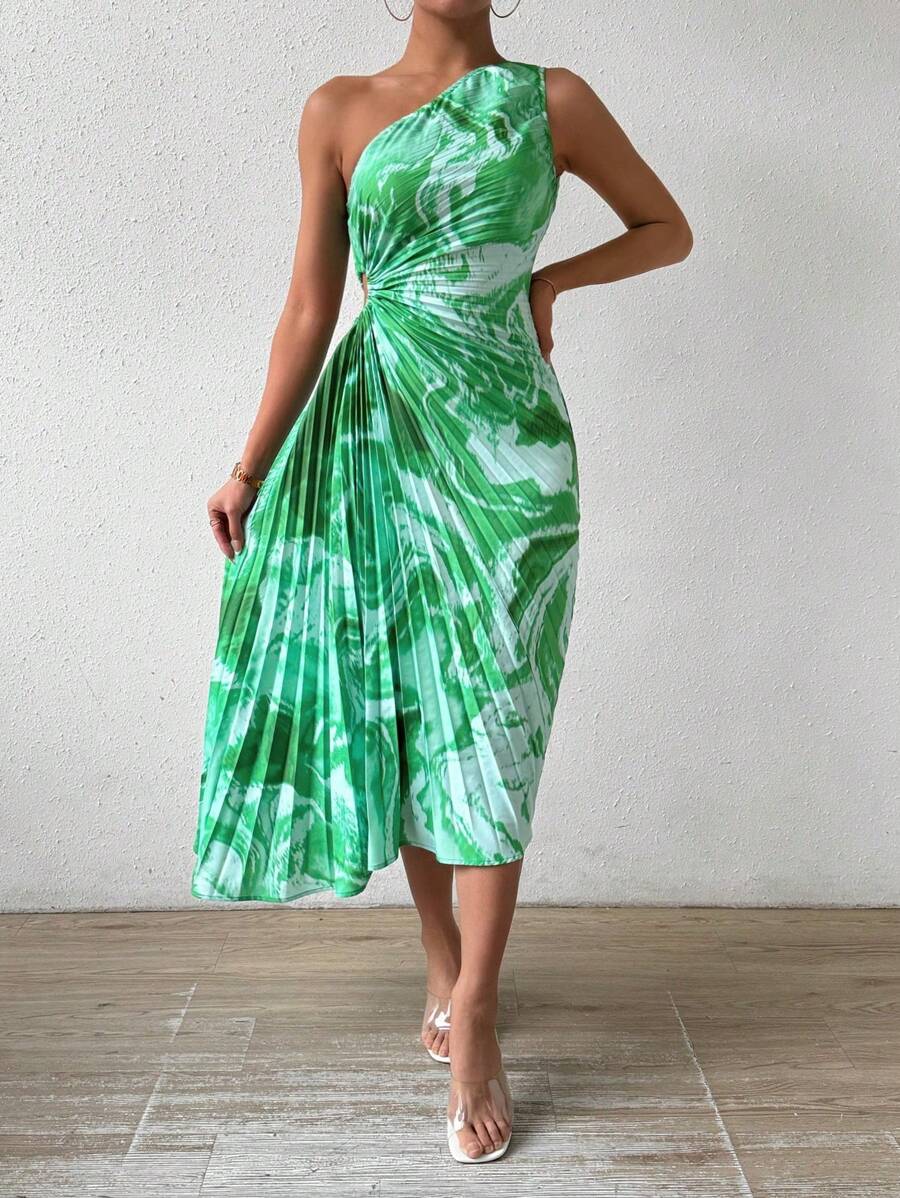 Chiquease Tie Dye Hollow Out One Shoulder Pleated Dress - Green - View 1