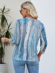 SHEIN LUNE 隨意印花蕾絲拼接t恤,休閒風格 - 藍色 - 查看 2