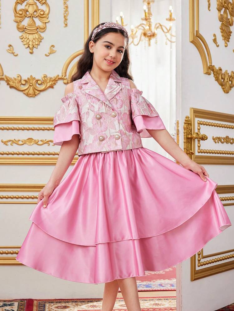 Tween Girl Cute Ruffle Trimmed Floral Jacquard Blazer With Cold-Shoulder Neckline And Satin Skirt Two Pieces Set