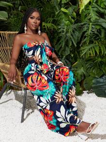 Slaydiva Summer Beach Vacation Chest Strapped Bow Cropped Top Wide-Leg Trousers Tropical Plant Print Women's Two-Piece Set