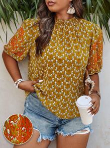 SHEIN LUNE 大碼滿版印花泡泡袖襯衫 - 黃色 - 查看 3