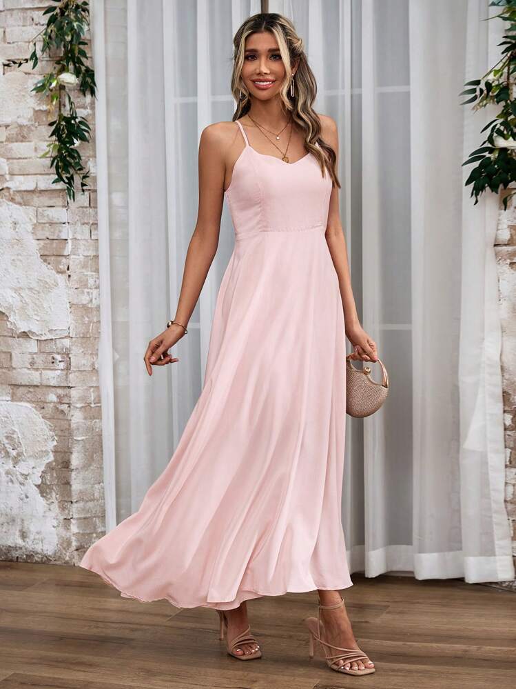 SHEIN Belle Abito Lungo Rosa Con Spalline Sottili Moda Donna - Main Image