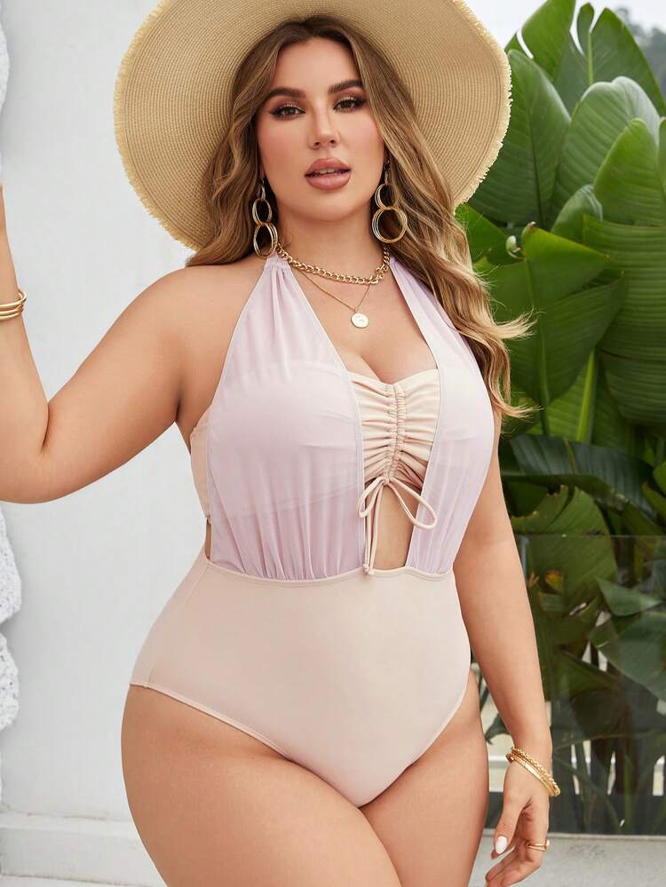 プラスサイズのカラーブロック スプライス ワンピース水着 2in1スタイル、水着ビーチアウトフィット バカンスビブ夏