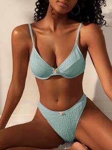 SHEIN Swim Bộ đồ bơi bikini họa tiết hoa ngọt ngào dành cho nữ mùa hè - Màu xanh nhạt - Xem 1